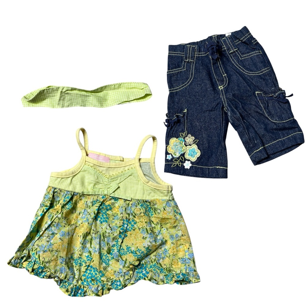 🟢BABY HEADQUARTERS: Girl 12 M, cute top & pants set w/matching headband🟢